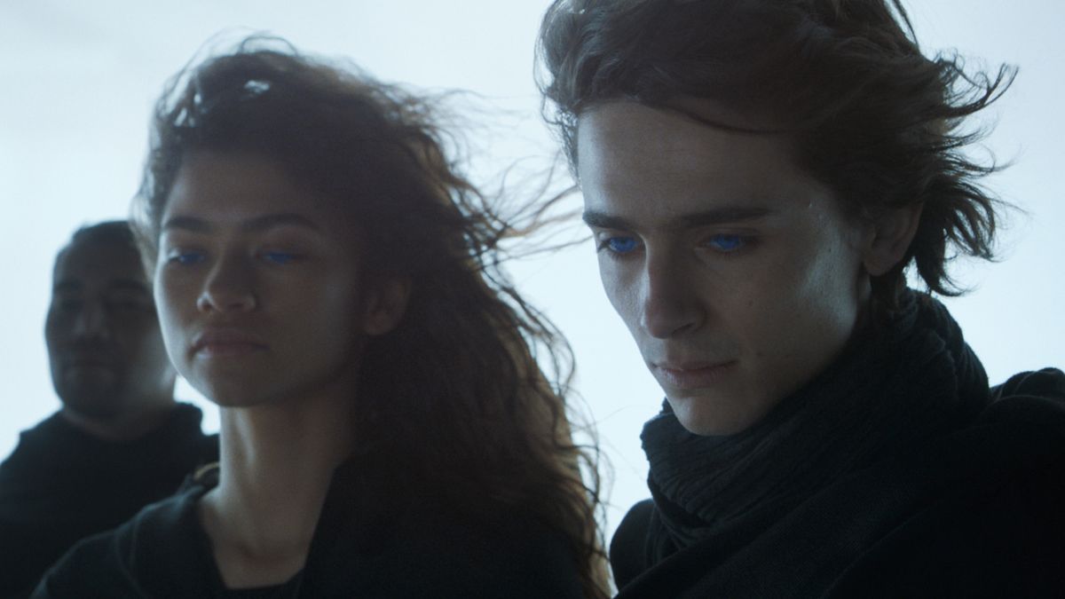 Zendaya and Timothée Chalamet looking down with blue eyes in Dune.