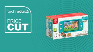 Animal Crossing Switch Lite Turquoise bundle on cyan background with price cut sign