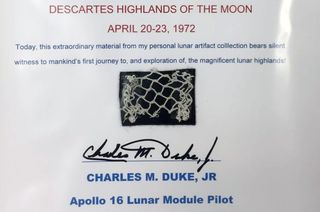 A segment of safety netting used by Apollo 16 moonwalker Charlie Duke is among the space artifacts being auctioned to support the U.S. Space Walk of Fame Museum in Florida.