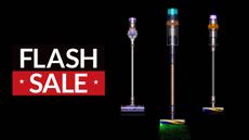 A black background with three Dyson vacuum cleaners and a T3 Flash Sale badge