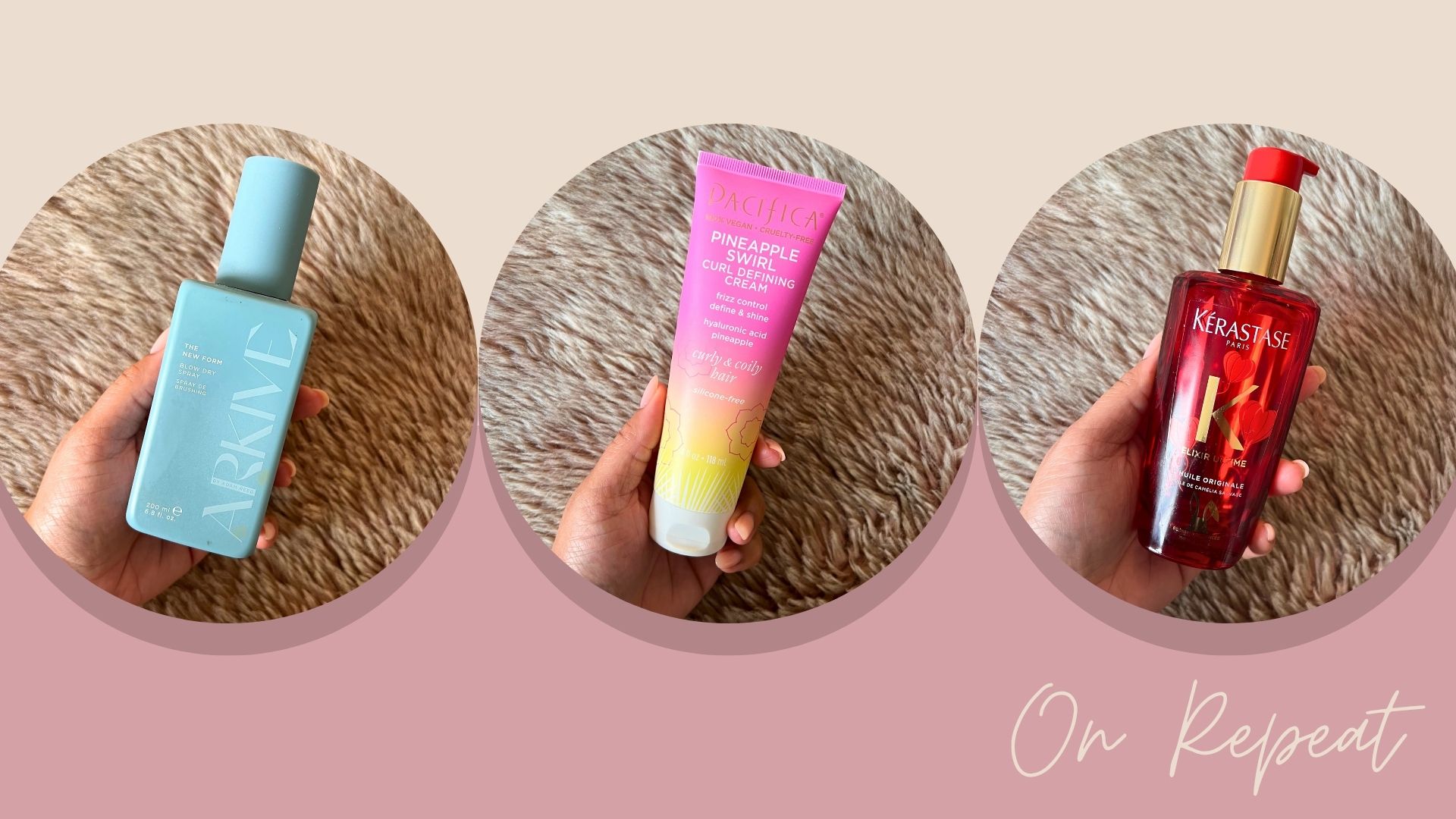 Arkive The New Form blow dry spray, Pacifica Pineapple Swirl Curl Defining Cream and Kérastase Elixir Ultime Hair Oil L'Huile Originale on a pink background