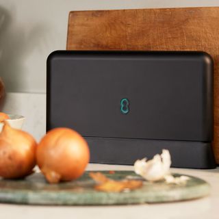 Black smart speaker on a cream worktop with a marble chopping board with onions on it in front