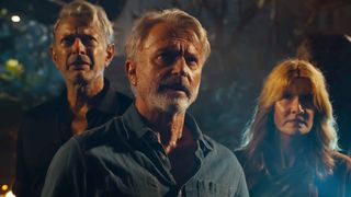 The OG Cast of Jurassic Park (1993) reunite one last time in Jurassic World Dominion, from left to right Jeff Goldblum, Sam Neill, and Laura Dern.