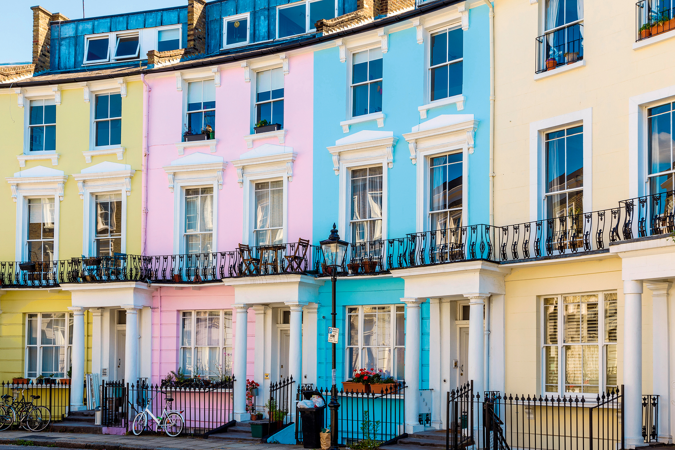 Colourful English terraced houses on Chalcot Crescent, Primrose Hill.