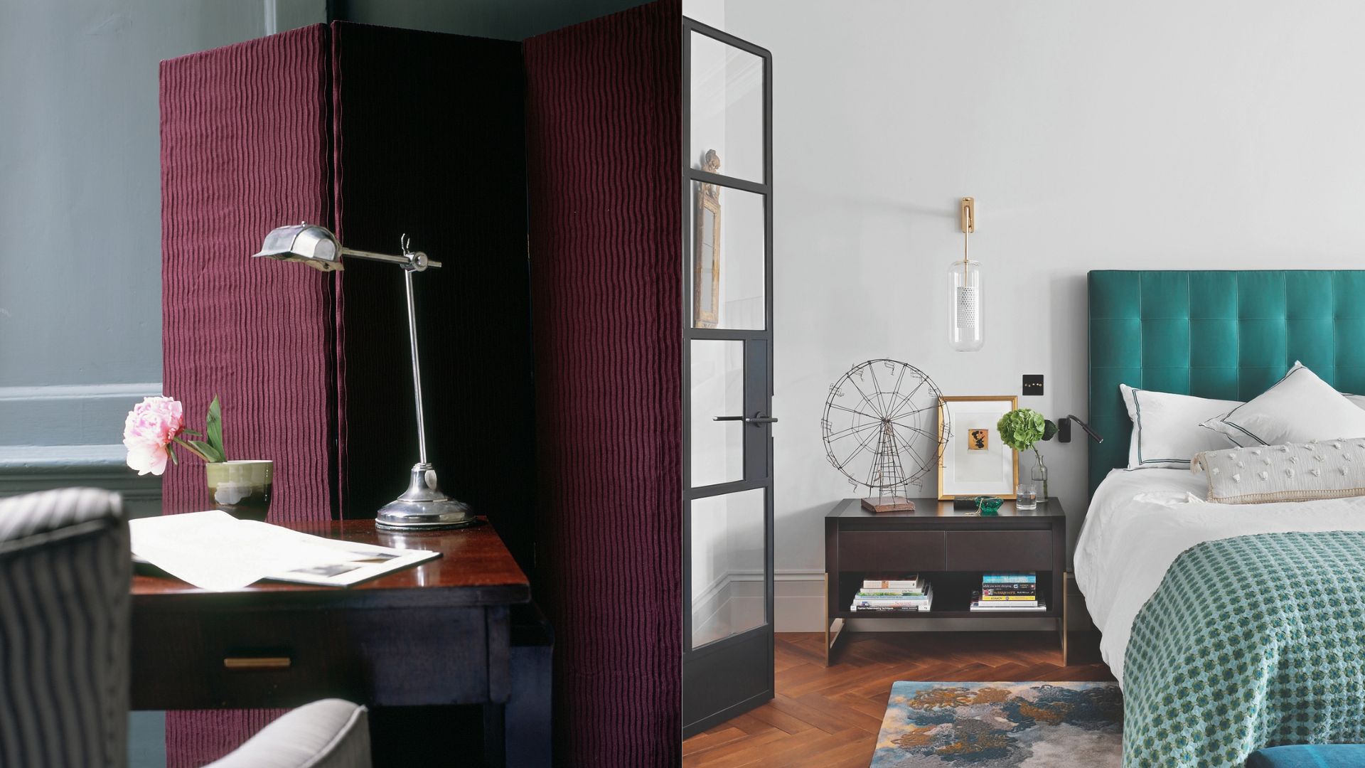 picture of burgundy room divider in office and an emerald headboard in bedroom
