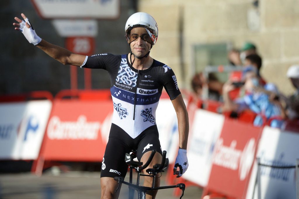 Team Qhubeka Nexthashs Italian rider Fabio Aru waves after riding the 21st and final stage of the 2021 La Vuelta cycling tour of Spain a 338 km timetrial race from Padron to Santiago de Compostela on September 5 2021 Photo by MIGUEL RIOPA AFP Photo by MIGUEL RIOPAAFP via Getty Images