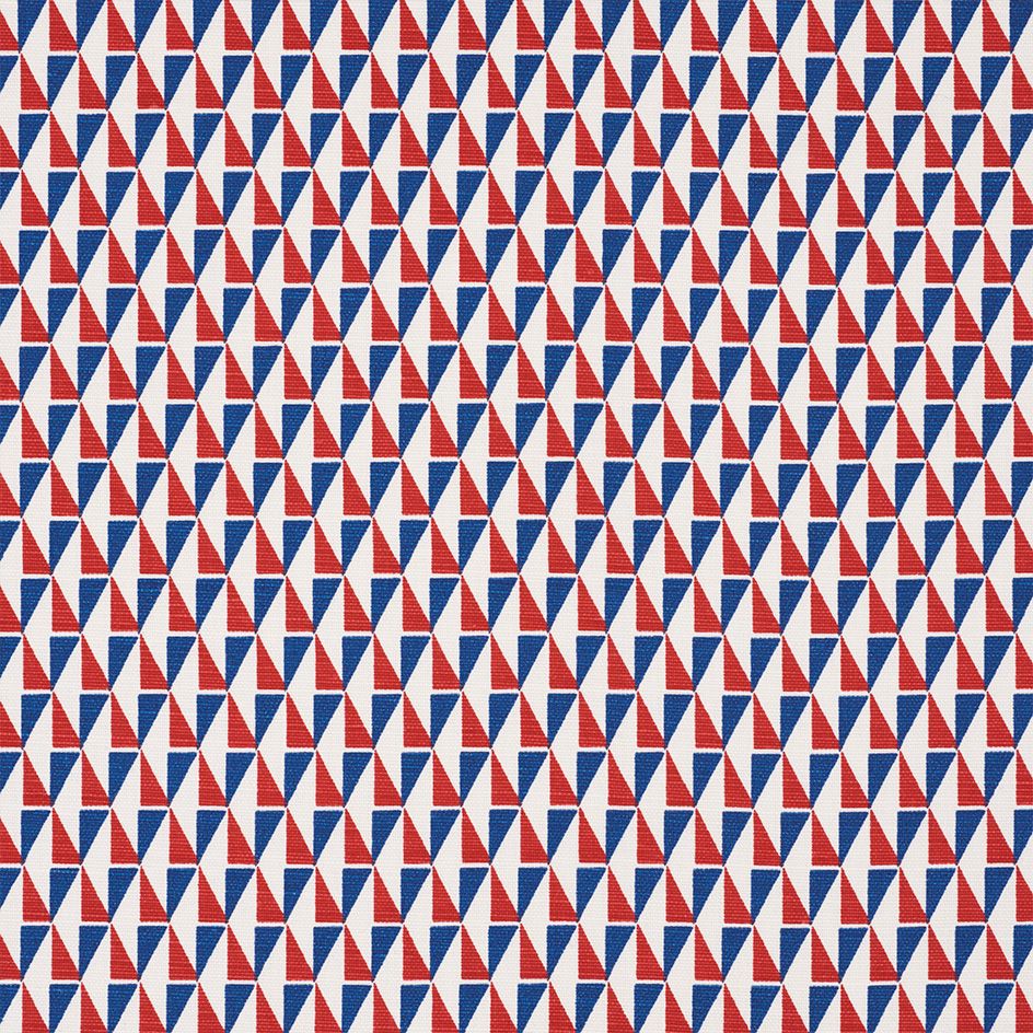 Design 107 Red, 2017. A fabric with a pattern made of triangles in red, blue and white.