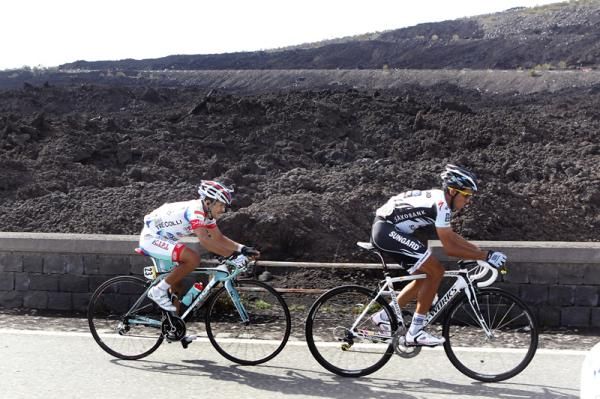 Alberto Contador (Saxo Bank) leads Jos&eacute; Rujano (Androni) on Etna
