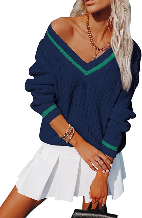 Aoudery, Aoudery Womens V Neck Oversized Sweaters Long Sleeve Cable Knit Pullover Striped Chunky Sweater Casual Tennis Tunic Tops - G_navy Blue01 L