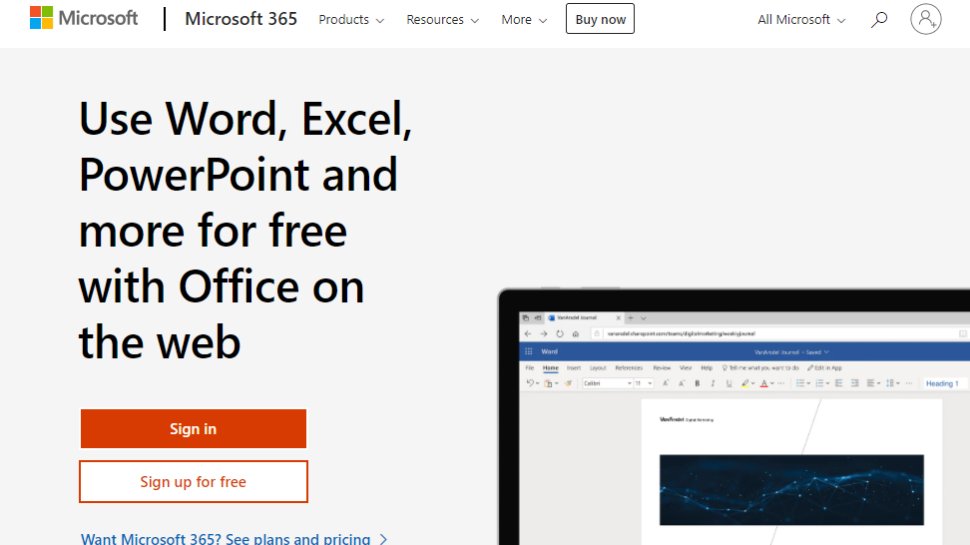 Website screenshot for Microsoft 365 online