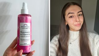 (L-R) Hand holding Heritage Store Rosewater and Glycerin Spray and Sennen Prickett wearing no makeup after using the rose water spray