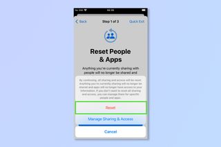 The confirmation screen to reset people and apps