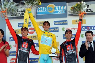 Alberto Contador, Alejandro Valverde and Luis Leon Sanchez on the podium, Paris-Nice 2010, stage seven