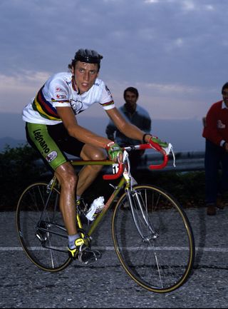 Alfa Lum-Legnano's Maurizio Fondriest in his world champion's rainbow jersey and on his Legnano bike at one of the late-season Italian races he rode in 1988