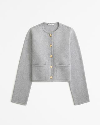 grey cropped sweater jacket with gold buttons
