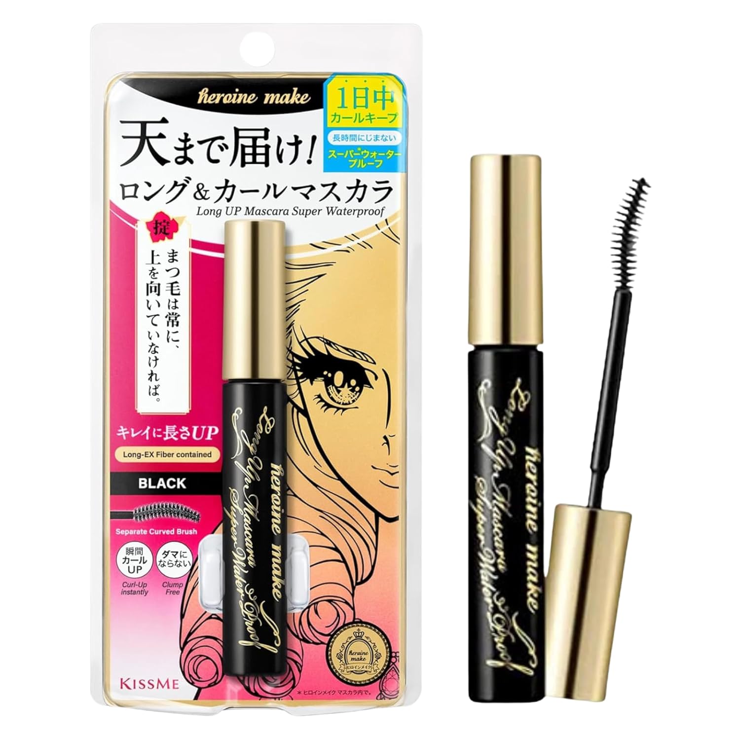 Heroine Make by Kissme Waterproof Mascara Black | Tubing Mascara Volume and Length by Defining Fiber for Long and Curl Eye Makeup for Women, Made in Japan, Black, 1 Ea