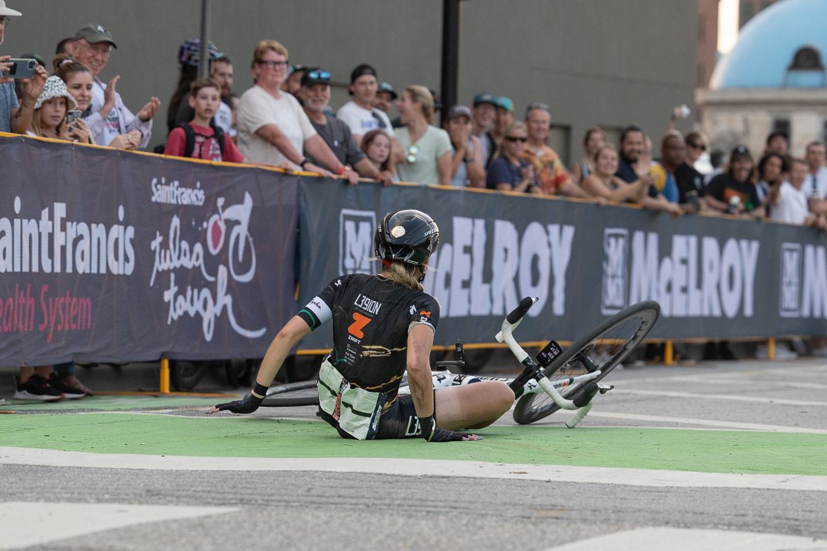 Celebrating a little too hard, Skylar Schneider lost control and hit the deck just while rounding corner 1 after the finish.