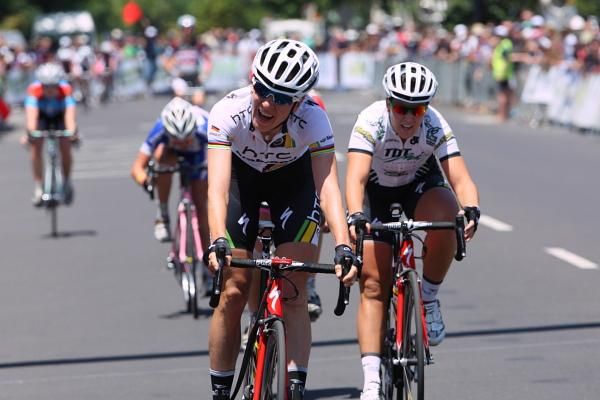Judith Arndt (HTC-HighRoad) realised as she crossed the line that she'd held off Gilmore for the win in Williamstown