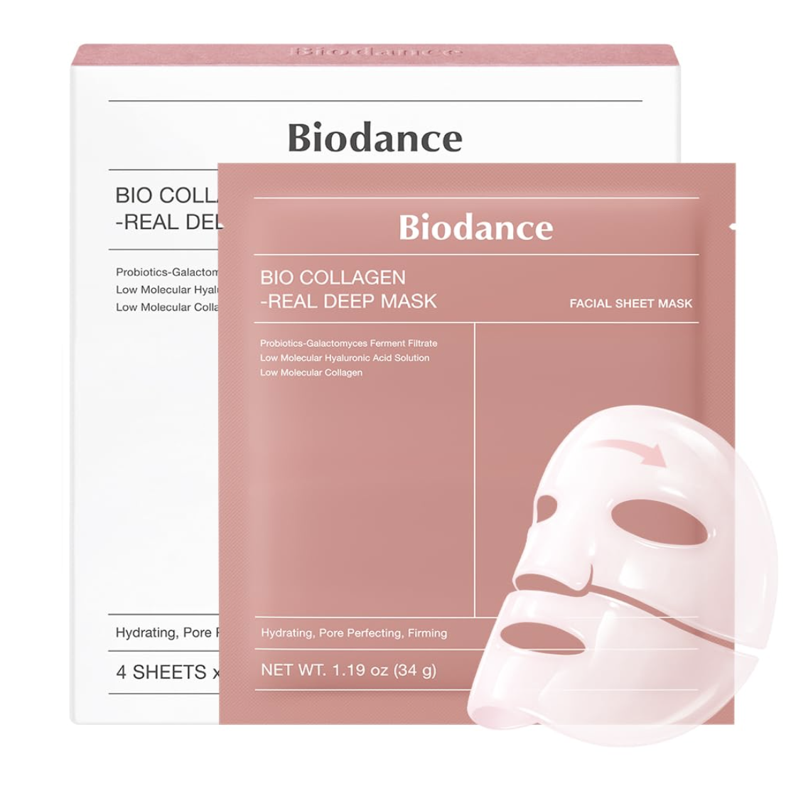 Biodance Bio-Collagen Real Deep Mask, Hydrating Overnight Hydrogel Face Mask, Pore Minimizing, Elasticity, Plumping, Travel Essentials &amp; Self Care Gifts for Women, Korean Skin Care | 1.19oz(34g) X 4ea