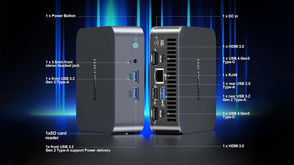 Front and back of the Geekom GT13 Pro focusing on all of the mini PC's ports.