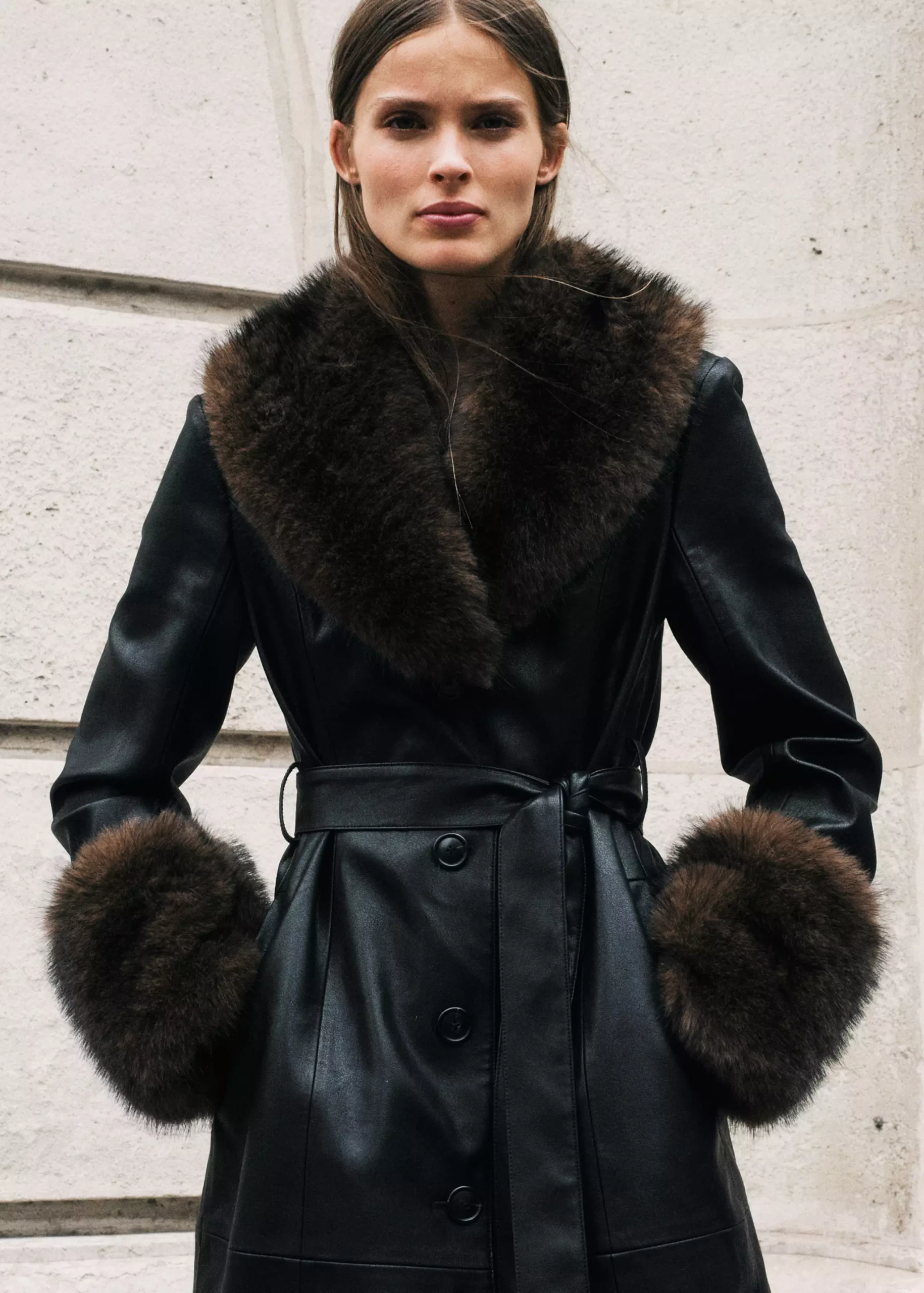 Faux-Leather Coat With Fur-Effect Trim - Women | Mango United Kingdom