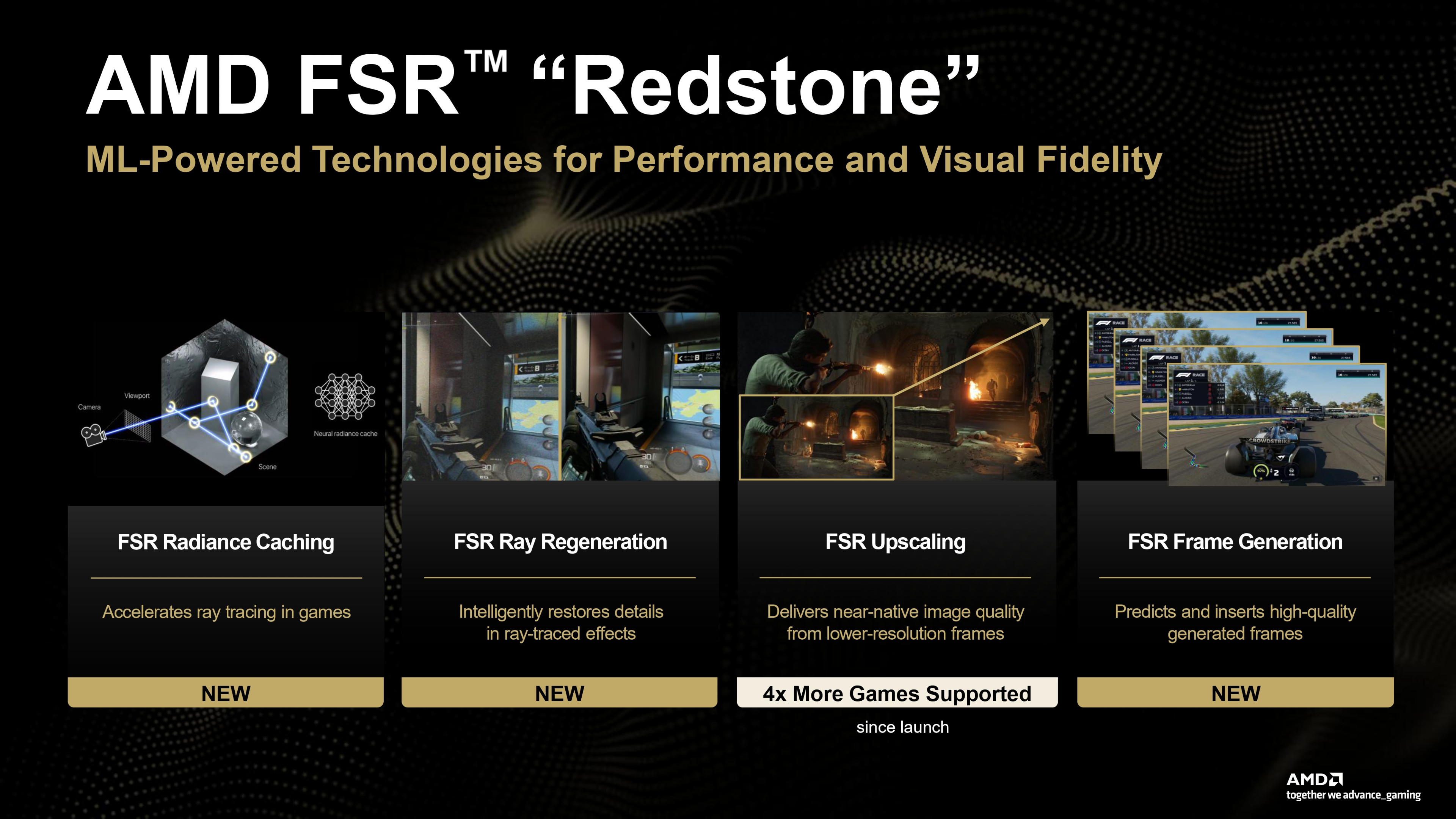 A presentation slide from AMD's FSR Redstone Press Deck, as issued December 2025