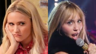 From L to R: Mandy looking stressed and resting her head on her chin in Georgie & Mandy's First Marriage, Miley Cyrus performing in the Hannah Montana 20th Anniversary Special.