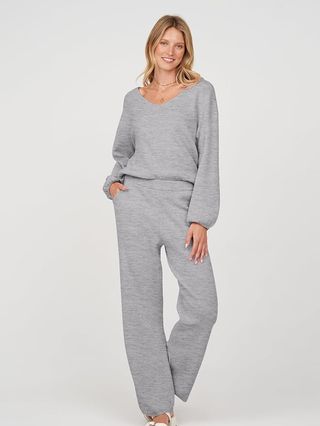 MEROKEETY, Merokeety Womens Loose Fall Pajama Set Long Sleeve Pullover Sweater and Pants Loungewear With Pocekts,lightgrey,l