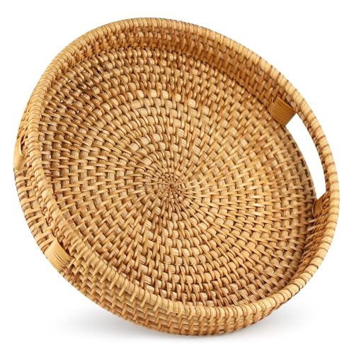 Wenlisell Wicker Serving Tray Round, 30cm Rattan Serving Tray Basket With Handles, Rattan Decorative Display Trays for Breakfast, Drink, Coffer, Tea, Candle