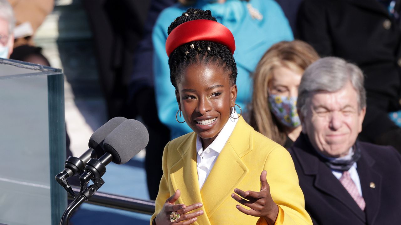 WASHINGTON, DC - JANUARY 20: Youth Poet Laureate Amanda Gorman speaks during the inauguration of U.S. President Joe Biden on the West Front of the U.S. Capitol on January 20, 2021 in Washington, DC. During today&#039;s inauguration ceremony Joe Biden becomes the 46th president of the United States. (Photo by Alex Wong/Getty Images)