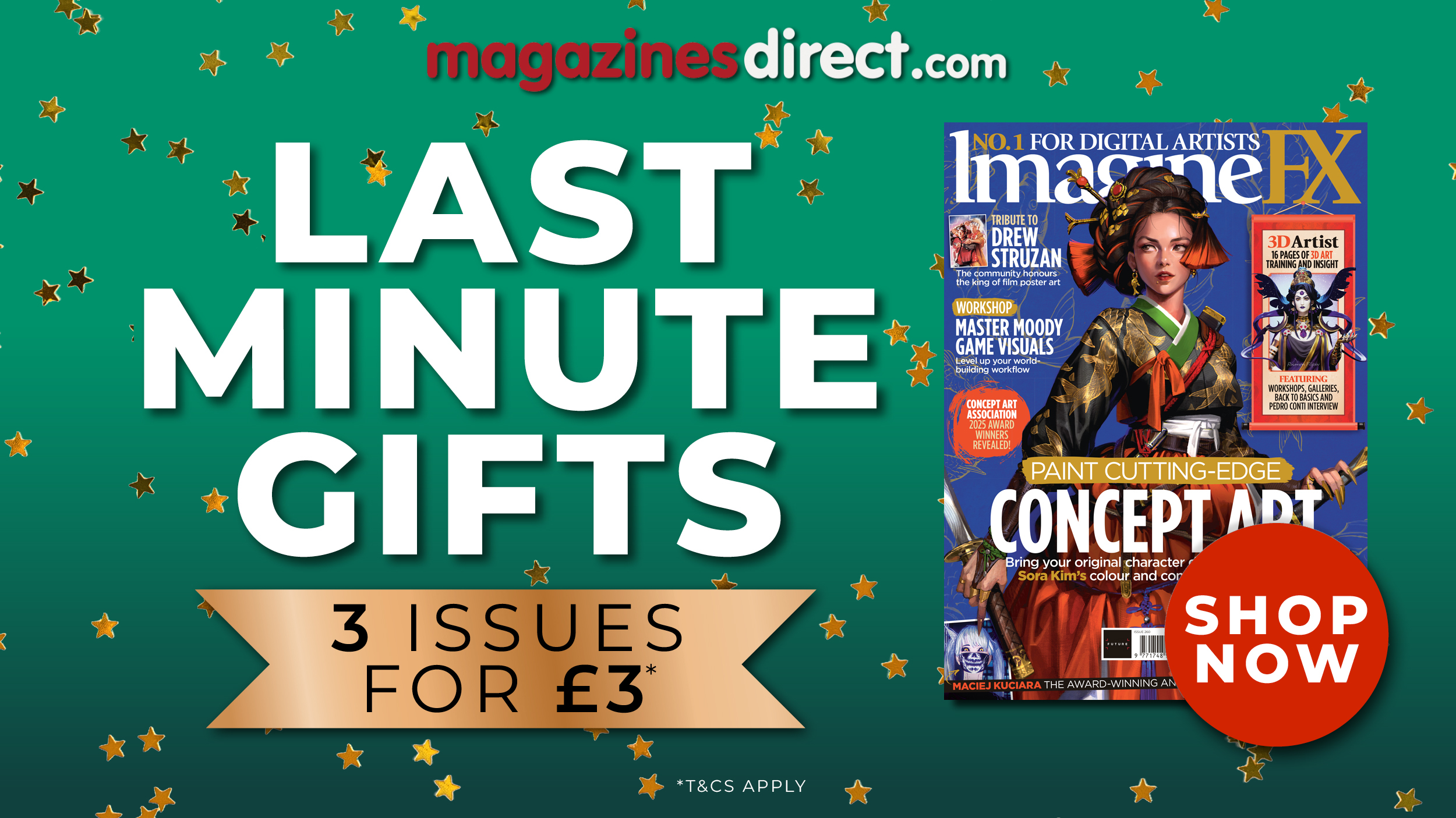 Promo image for a christmas offer to get ImagineFX at a cheaper rate.