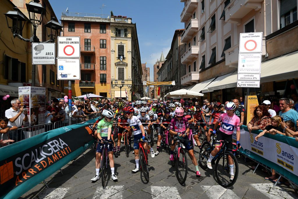 ALBENGA ITALY JULY 06 LR Niamh FisherBlack of New Zealand and Team SD Worx Green Mountain Jersey Gaia Realini of Italy and Team Lidl Trek White best young jersey Veronica Ewers of The United States and Team EF EducationTibcoSvb Purple Points Jersey and Annemiek Van Vleuten of The Netherlands and Movistar Team Pink Leader Jersey prior to the 34th Giro dItalia Donne 2023 Stage 7 a 1091km stage from Albenga to Alassio Santuario della Guardia 551m UCIWWT on July 06 2023 in Albenga Italy Photo by Dario BelingheriGetty Images