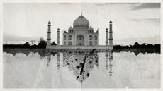 Photo collage of the Taj Mahal reflected in Yamuna river. The reflection is dilapidated and crumbling.