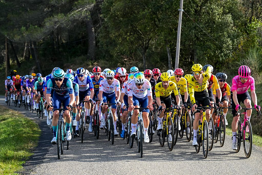 The pack of riders pictured in action during the sixth stage of 84th edition of the Paris-Nice cycling race, a race from Barbentane to Apt (179,3 km), on Friday 13 March 2026. BELGA PHOTO DAVID PINTENS (Photo by DAVID PINTENS / BELGA MAG / Belga via AFP)