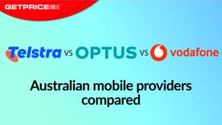 Blue background with red Getprice logo with logos for Telstra, Optus and Vodafone next to each other and Australian mobile providers compared underneath