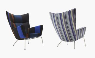 The collection comes upholstered in two worsted wool textiles, which explore stripes at dramatically different scales