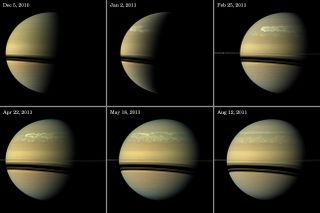 This series of images from NASA's Cassini spacecraft shows the development of the largest storm seen on the planet since 1990.