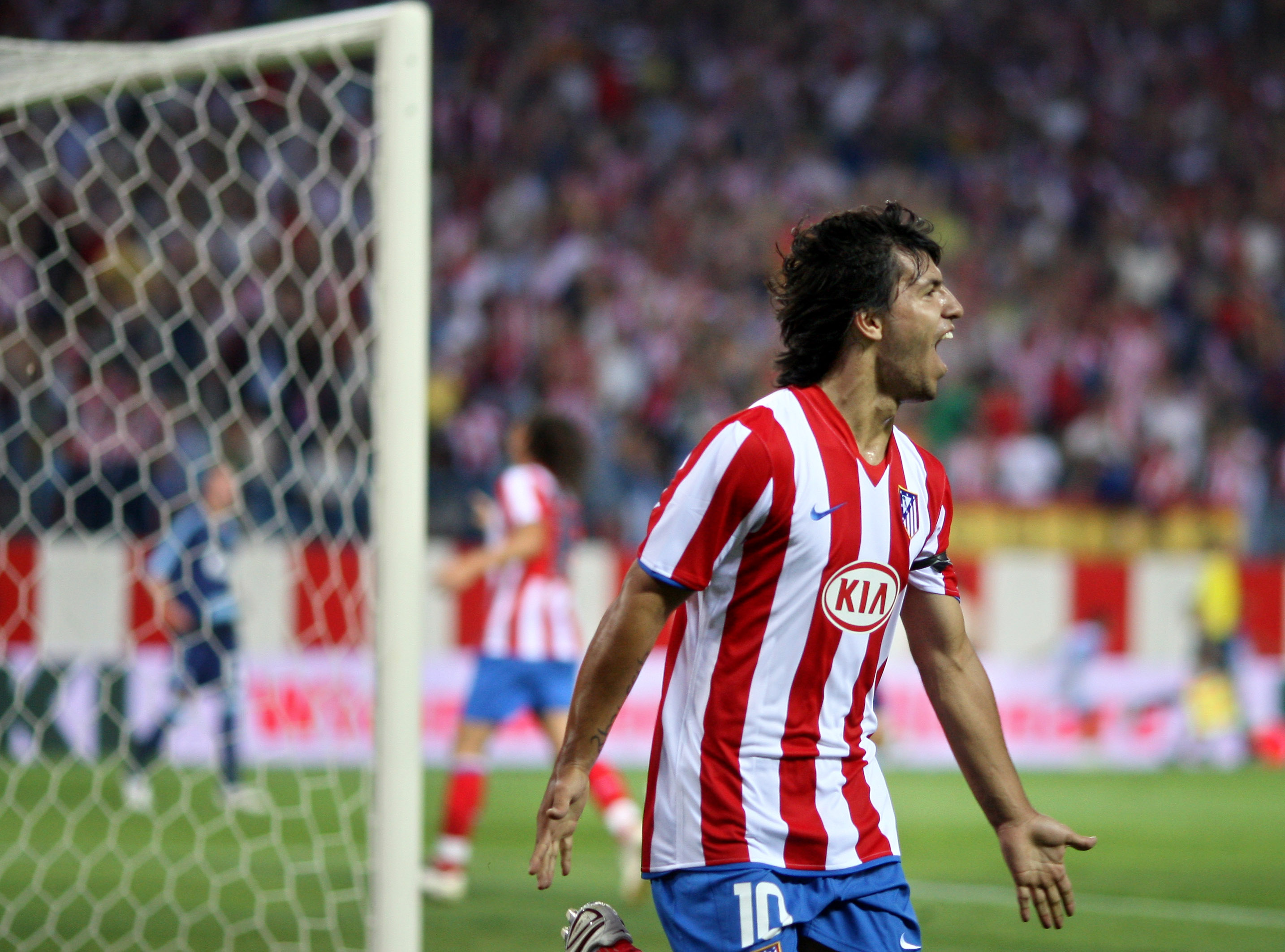 Sergio Aguero celebrates after scoring for Atletico Madrid against Schalke in August 2008.