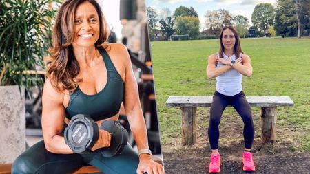 Left, Ramona performing bicep curl seated and smiling, right, Lucy doing sit to squat test in park