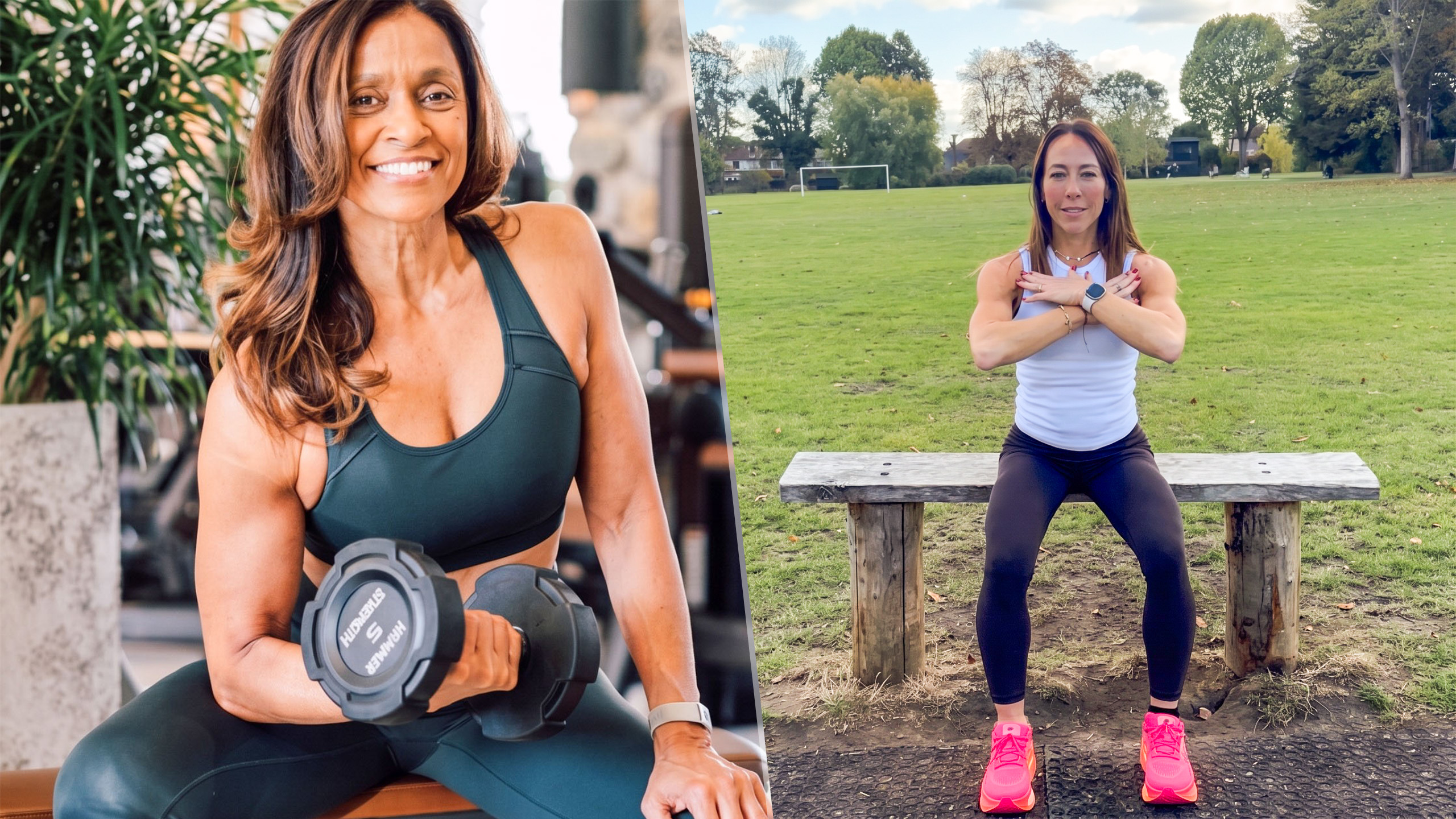 Left, Ramona performing bicep curl seated and smiling, right, Lucy doing sit to squat test in park