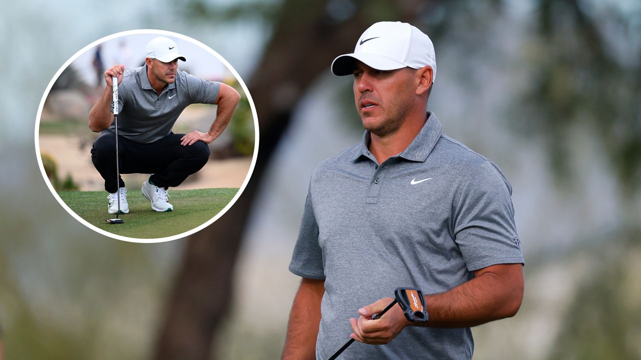 Brooks Koepka holding his putter and an inset of him crouching down reading a putt
