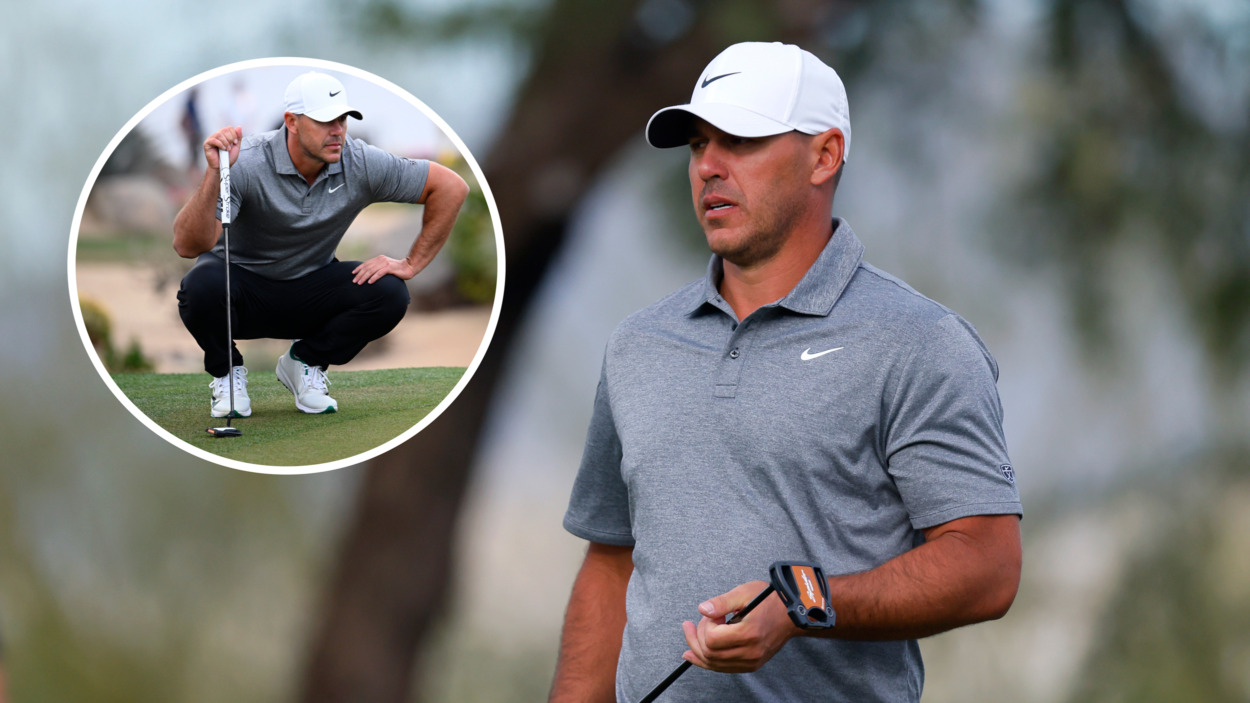 Brooks Koepka holding his putter and an inset of him crouching down reading a putt