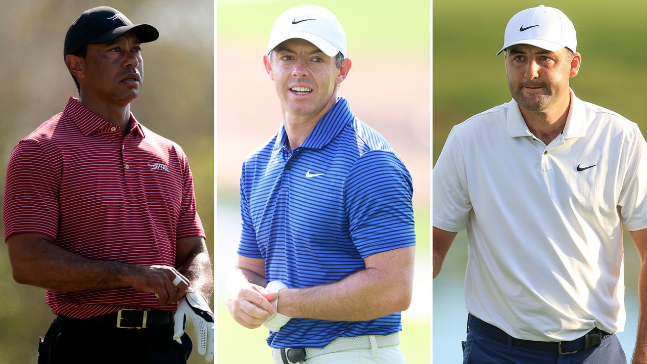 Tiger Woods, Rory McIlroy and Scottie Scheffler walk off the green