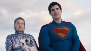 Milly Alcock as Supergirl and David Corenswet as Superman in Supergirl (2026)