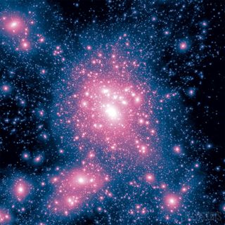 The Illustris simulation includes a dark matter annihilation map of the most massive cluster. Image released May 7, 2014.