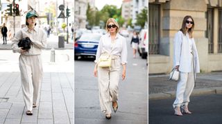 A composite of street style influencers showing how to style linen pants with a linen shirt for work