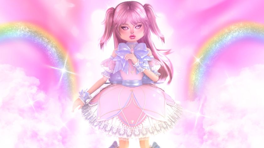 A girl with pink hair swears a sparkling pink and purple dress with a rainbow background.