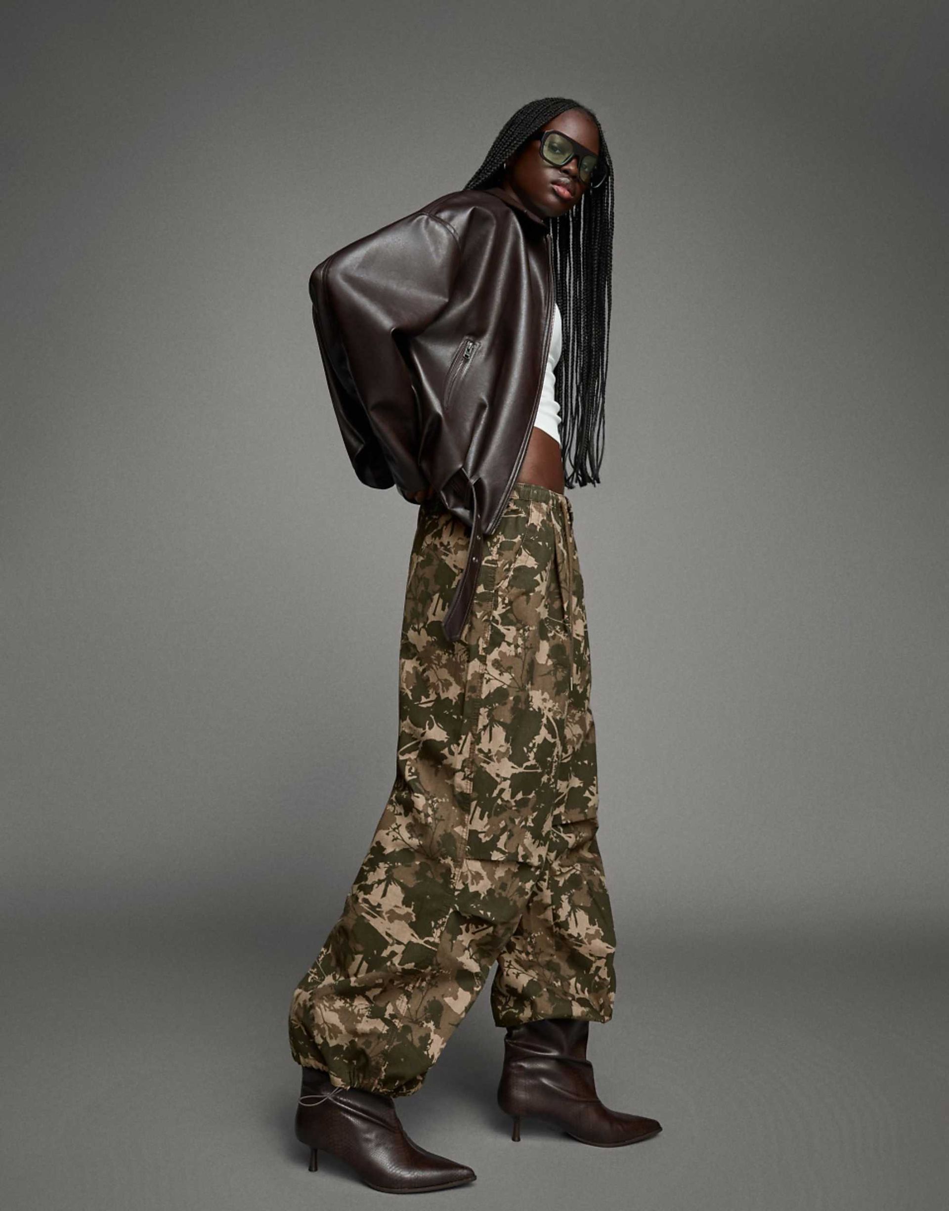 Bershka Printed Parachute Cargo Trousers in Khaki
