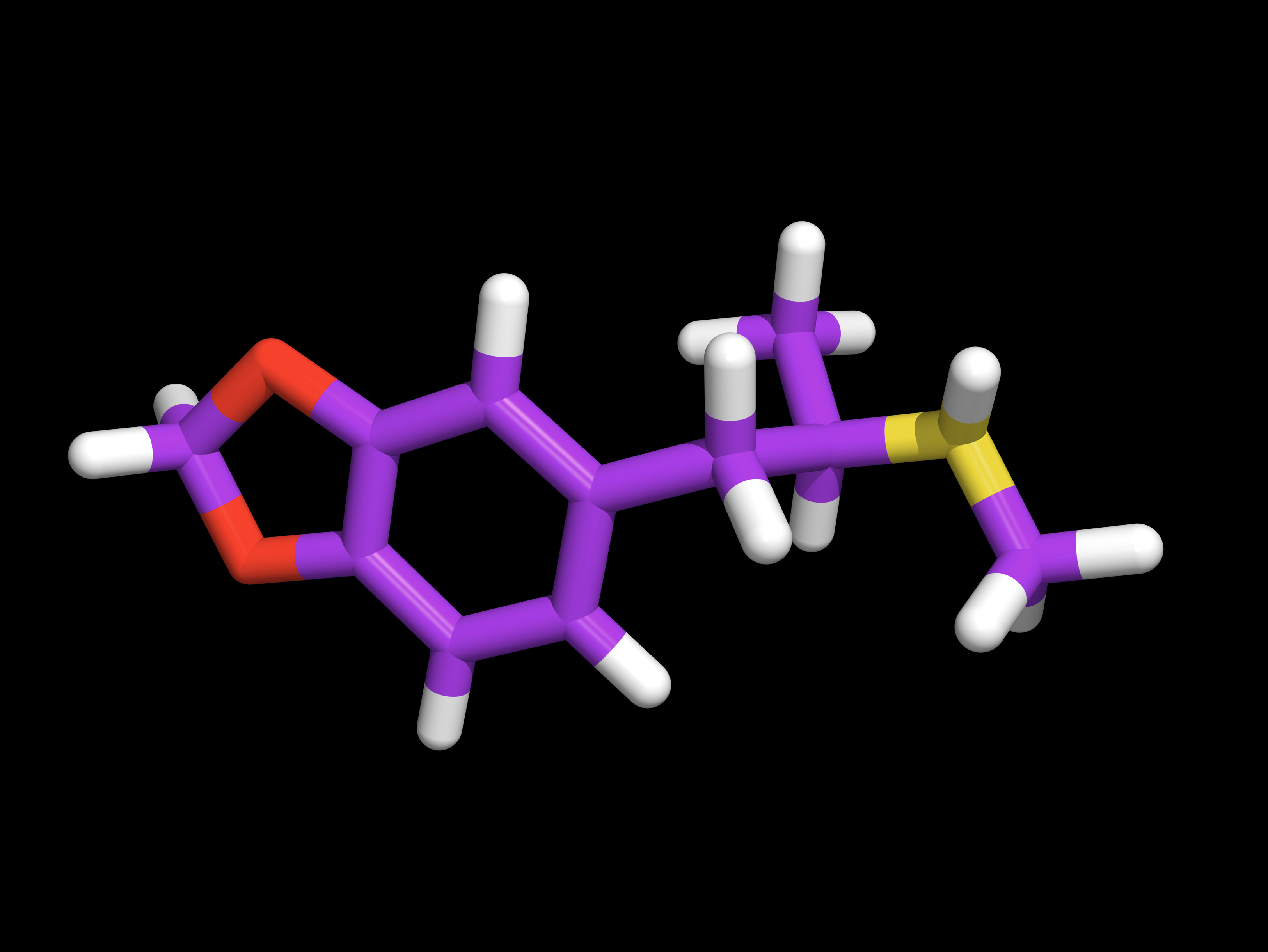 Ecstasy. Computer artwork of a molecule of the drug ecstasy (3,4-methylenedioxymethamphetamine (MDMA, formula: C11.H15.N.O2)). The atoms are shown as cylinders, and are colour-coded: carbon (mauve), hydrogen (white), nitrogen (yellow) and oxygen (red).