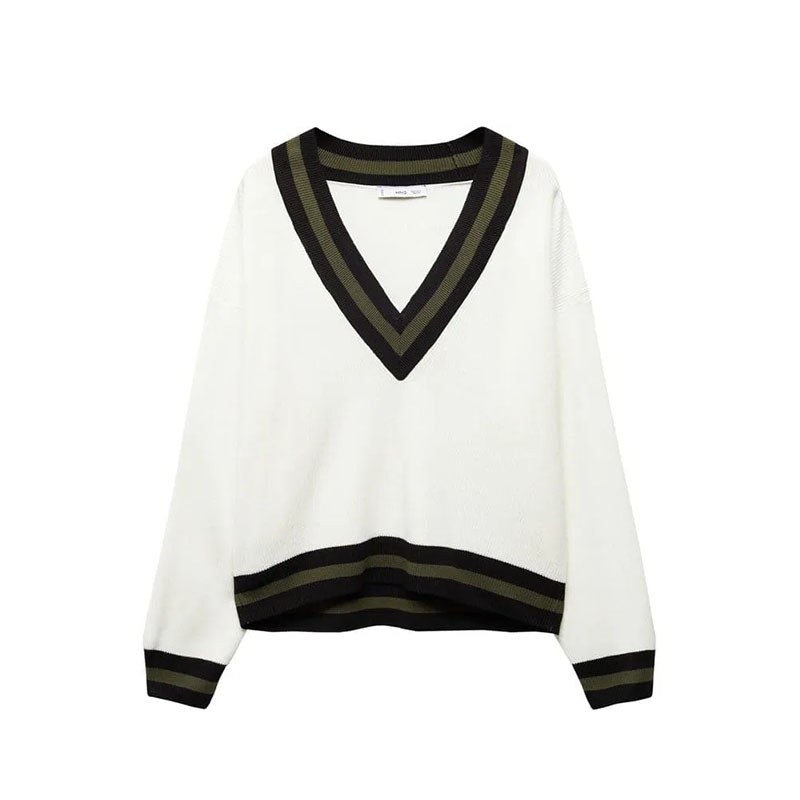 white vneck sweater with black and green border